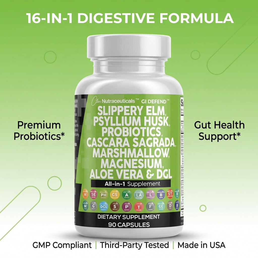 Clean Nutraceuticals Slippery Elm Psyllium Husk Pre Probiotic Digestive Gut Health Supplement with Aloe Vera Cascara Sagrada