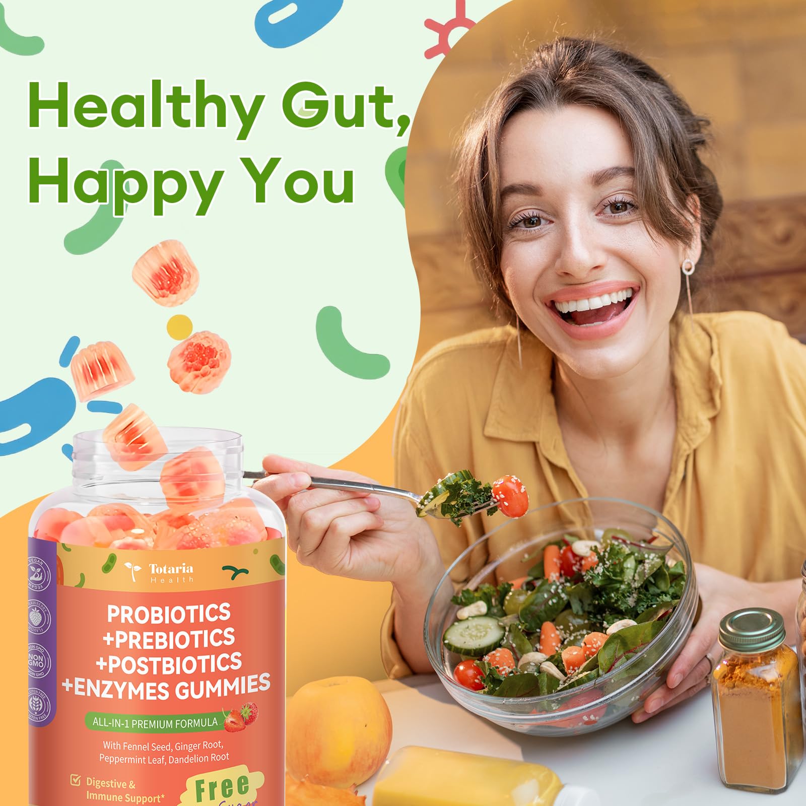 (2 Packs) Totaria Sugar Free 5-in-1 Probiotic Prebiotic Postbiotic Gummy, Probiotics for Women Men with Digestive Enzymes, Peppermint, Complete Immune, Gut & Digestive Support, Vegan Strawberry Flavor Totaria Au supplements
