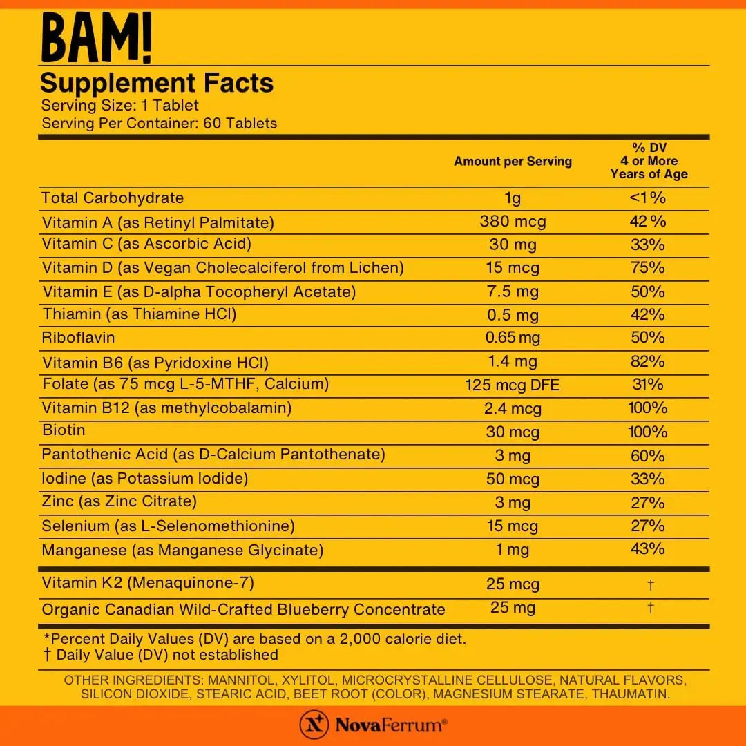 NovaFerrum BAM Chewable Multivitamin for Kids & Adults Ages 4 and Above – Fruit Blast Flavor – 60 Chewable Tablets NovaFerrum Au supplements