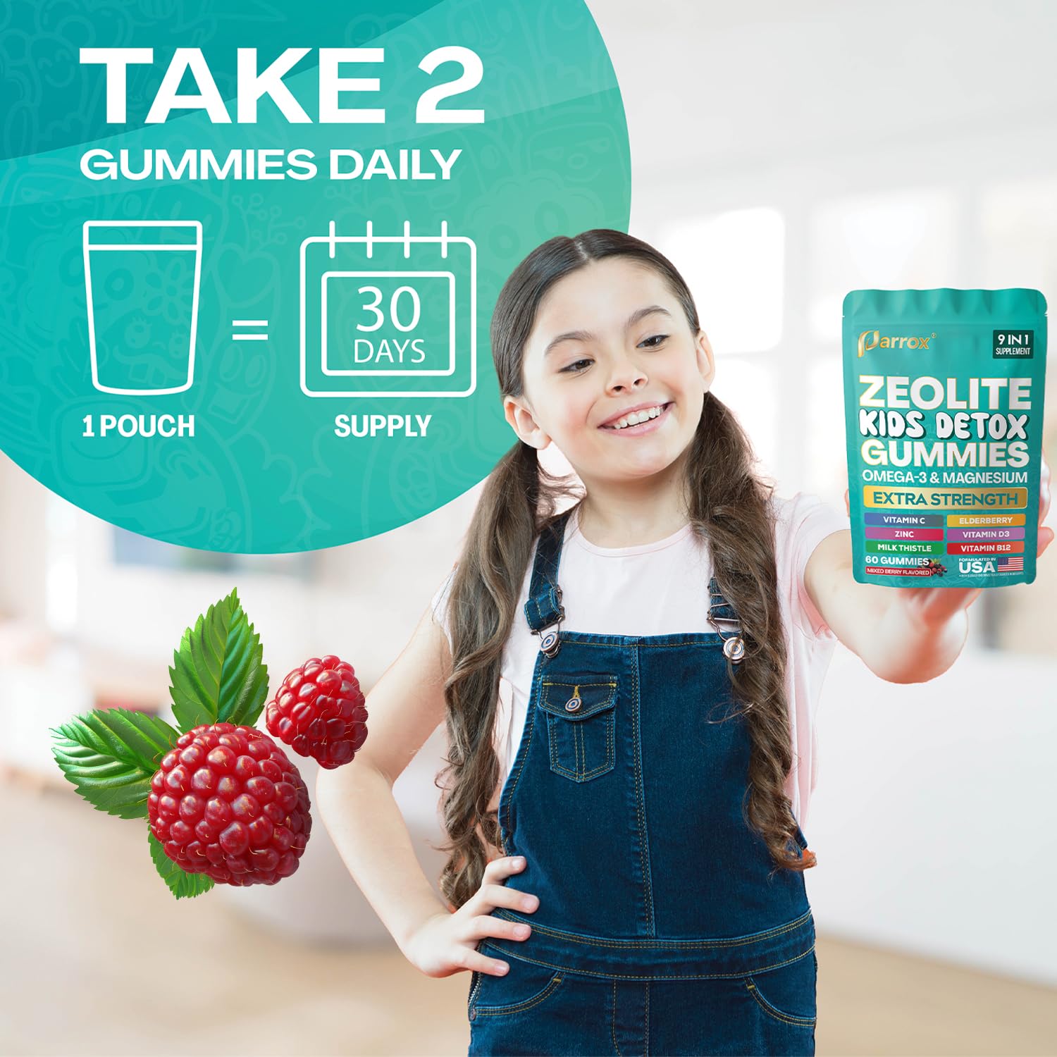 Parrox Zeolite Kids Gummies, 9-in-1 with Zeolite, Omega-3, Magnesium, Elderberry, Vitamin C, Milk Thistle, Vitamin D3, Zinc, B12 – Sugar-Free