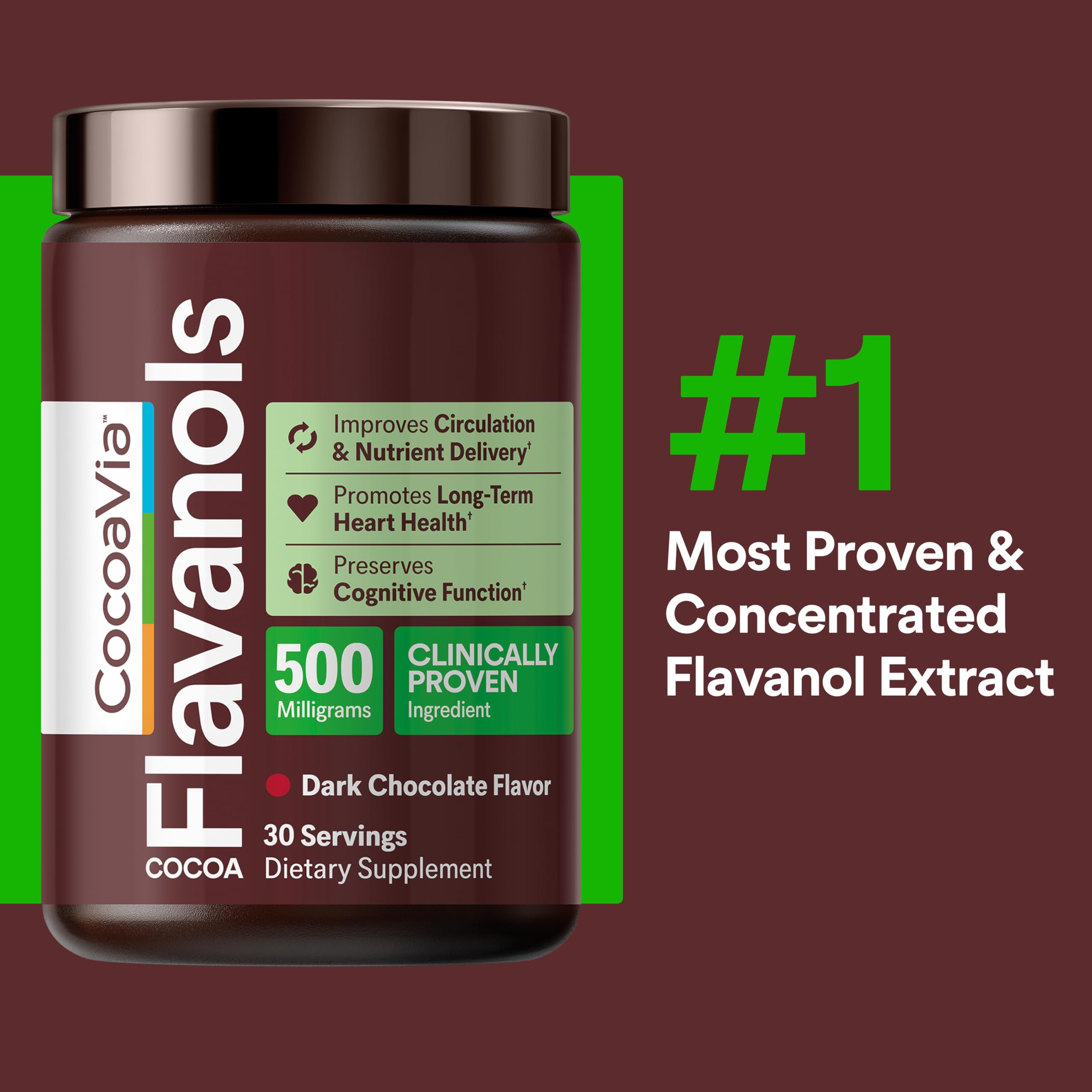 CocoaVia Cocoa Flavanols 500mg – Heart and Brain Support, High Flavanol Cocoa Extract, Boosts Nitric Oxide, Blood Circulation and Memory, Preworkout, Vegan