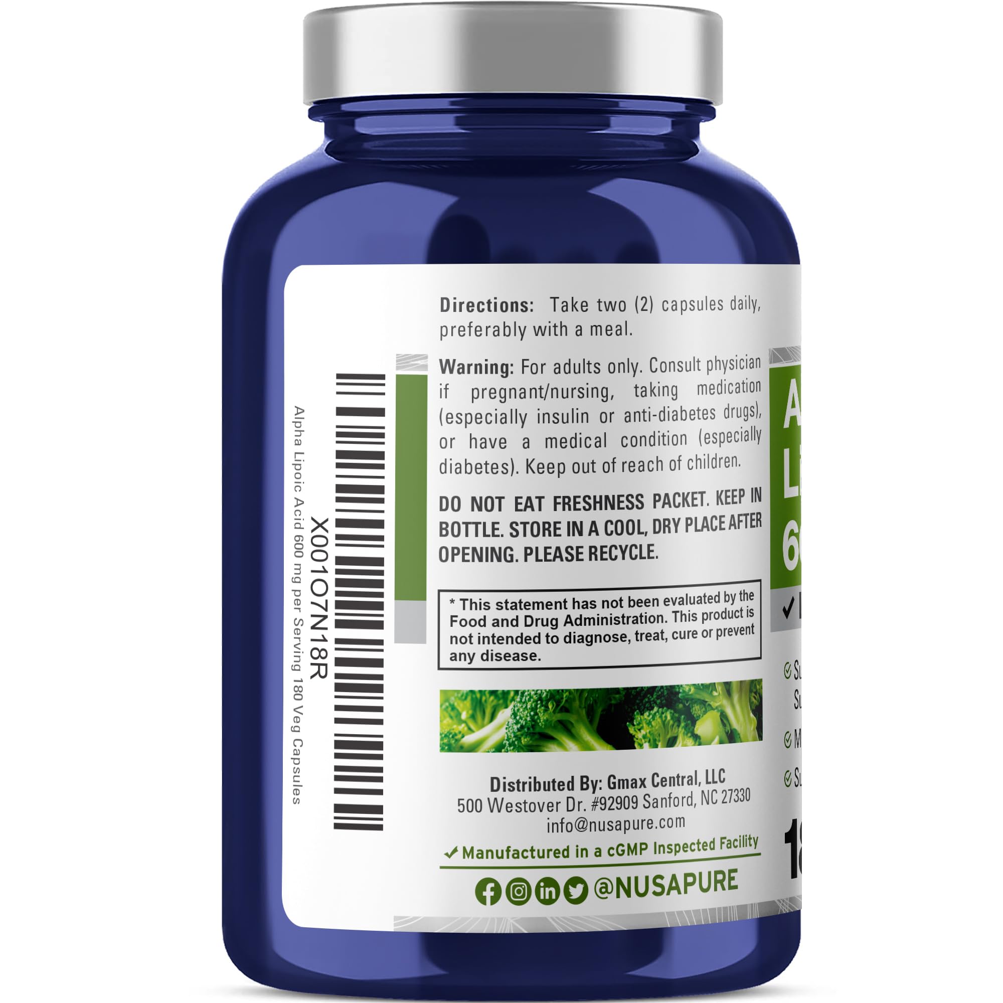NusaPure Alpha Lipoic Acid 600 mg per Serving 180 Veggie Capsules (Vegetarian, Non-GMO, Vegan) NusaPure Au supplements