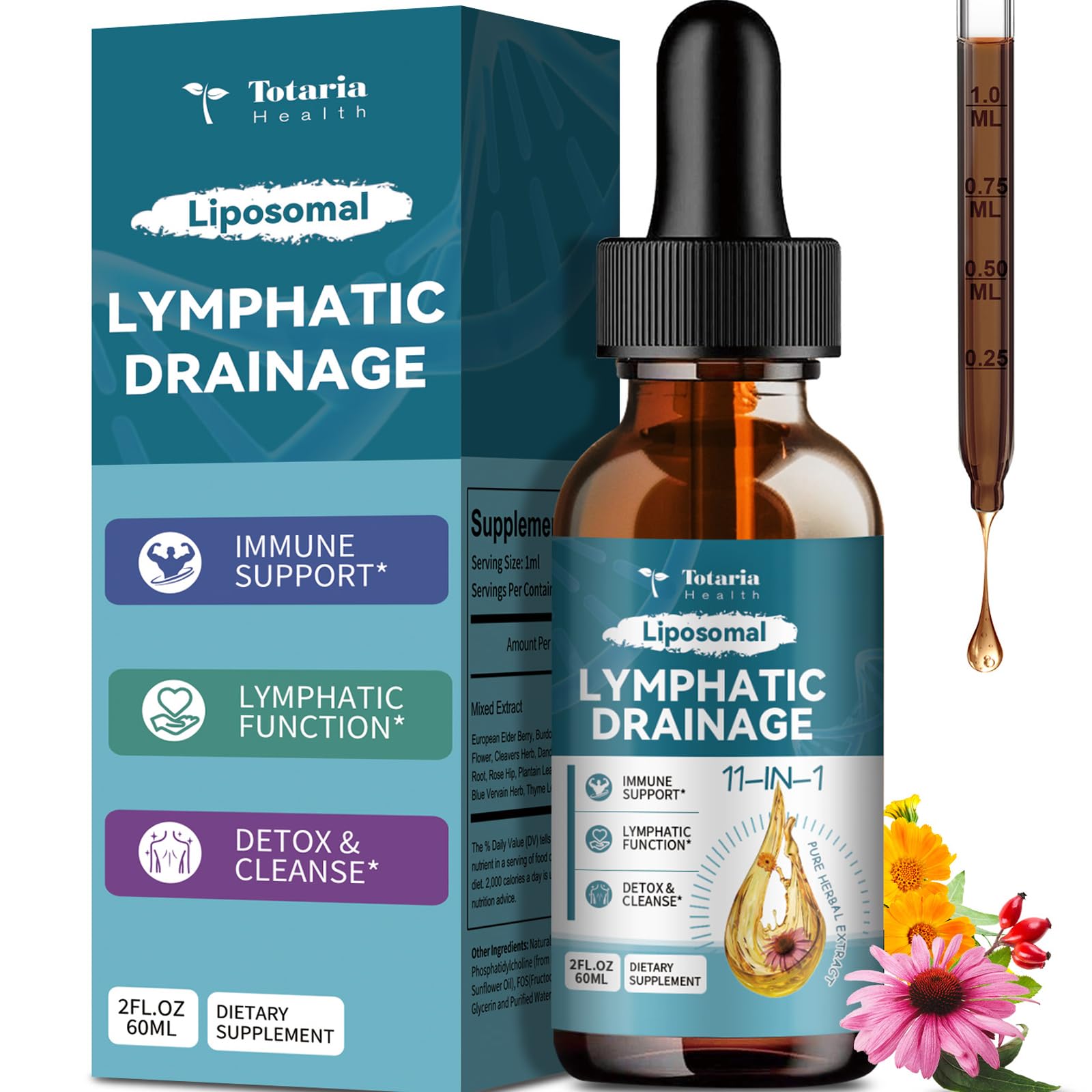 Liposomal Lymphatic Drainage Drops - 11 In 1 Organic Lymphatic Drainage Supplement with Burdock Root, Echinacea, Elderberry, Calendula, Cleavers Herb