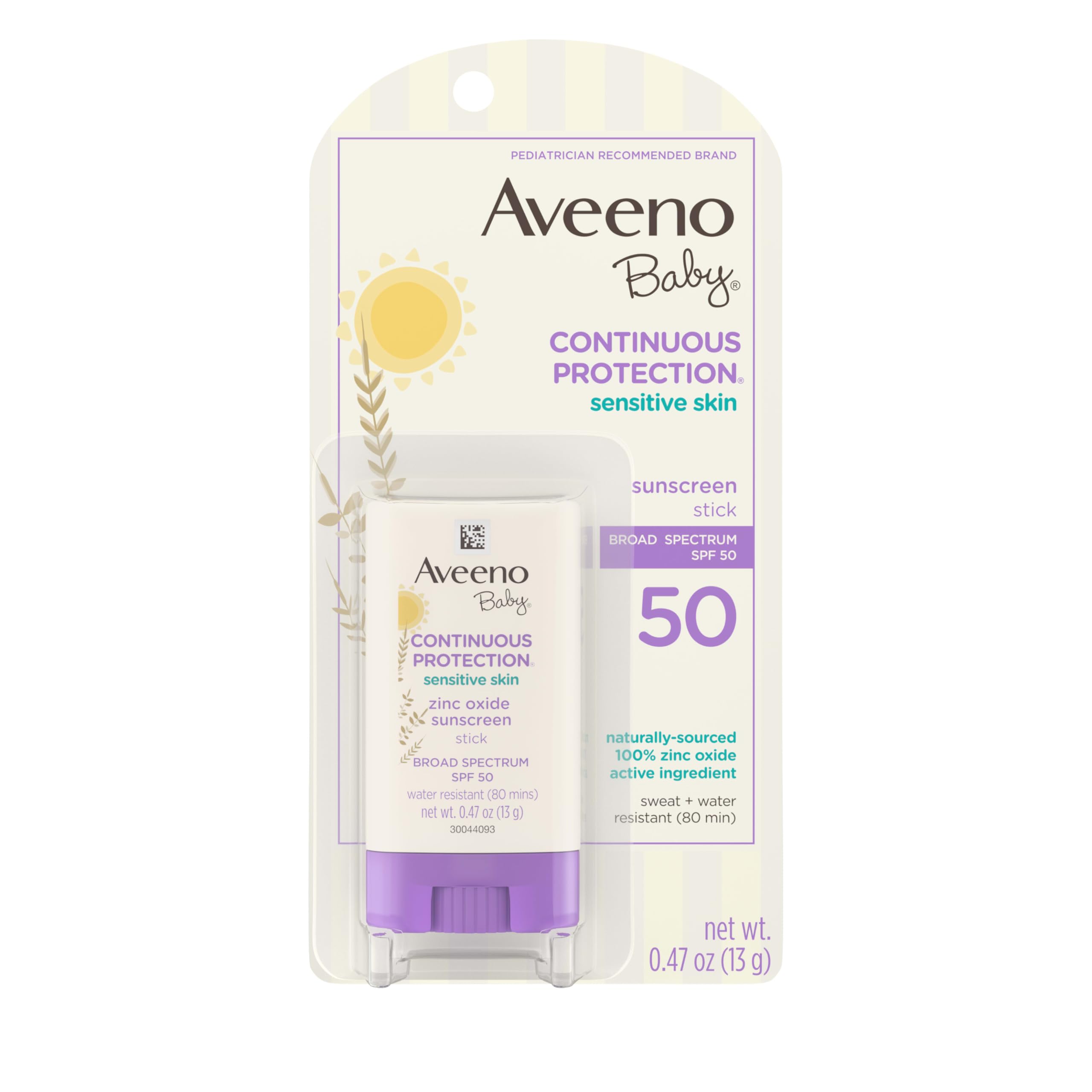 Aveeno Baby Continuous Protection Mineral Sunscreen Stick for Sensitive Skin with Broad Spectrum SPF 50 Protection for Face & Body