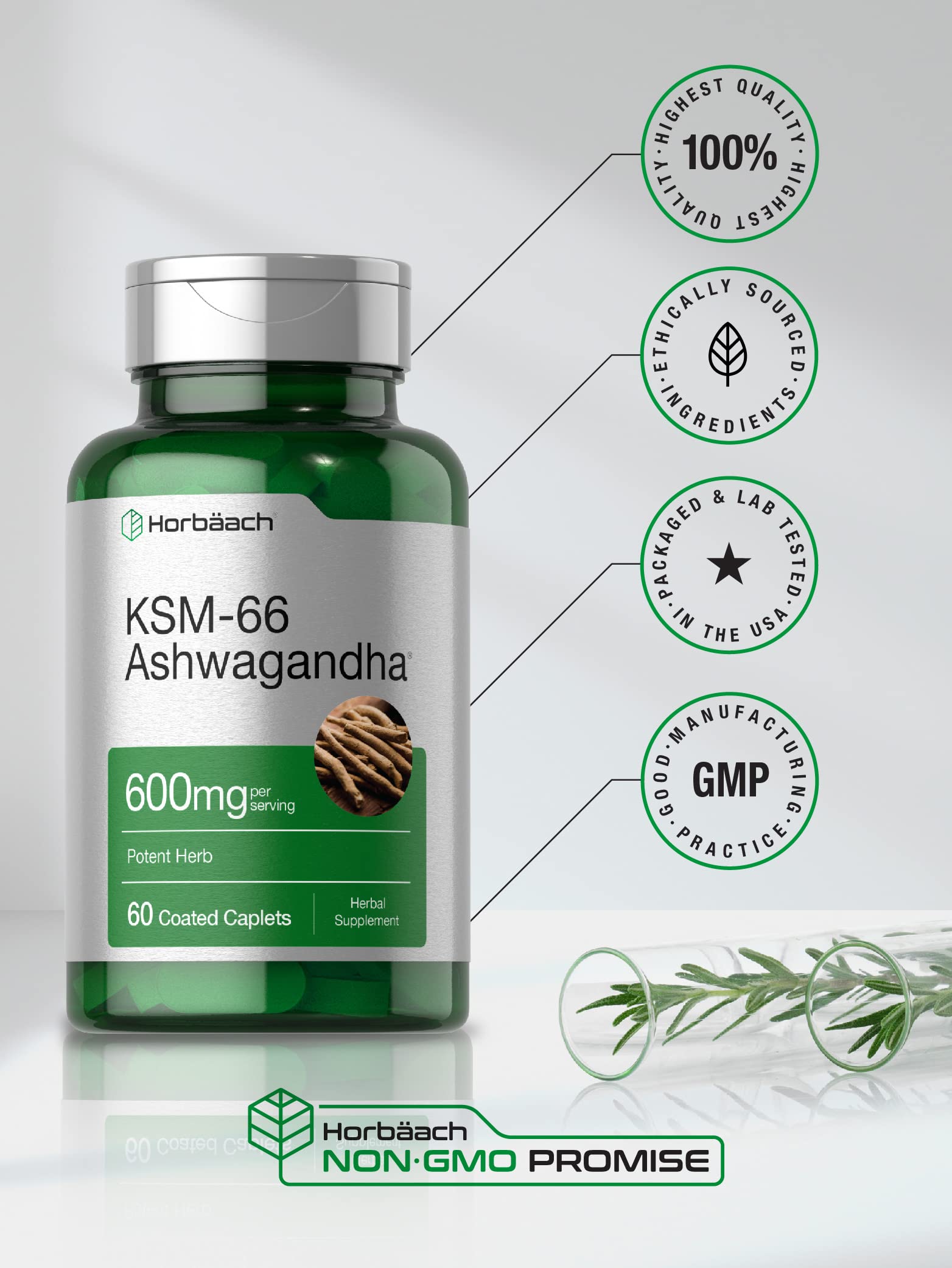 Horbäach KSM-66 Ashwagandha 600mg | with L-Theanine | 60 Coated Caplets | Vegan, Non-GMO, Gluten Free Complex Supplement Horbäach Au supplements