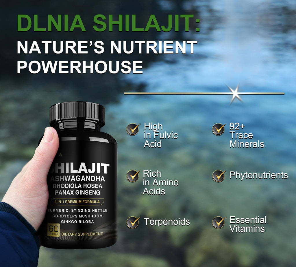 DLNIA 8-in-1 Shilajit for Men & Women with Ashwaganda Himalayan Organic Supplement with Rhodiola Rosea, Ginseng, Turmeric, Mushroom, for Immune Support, Energy, Calm, Focus, Clarity, Sleep, Cortisol DLNIA Au supplements