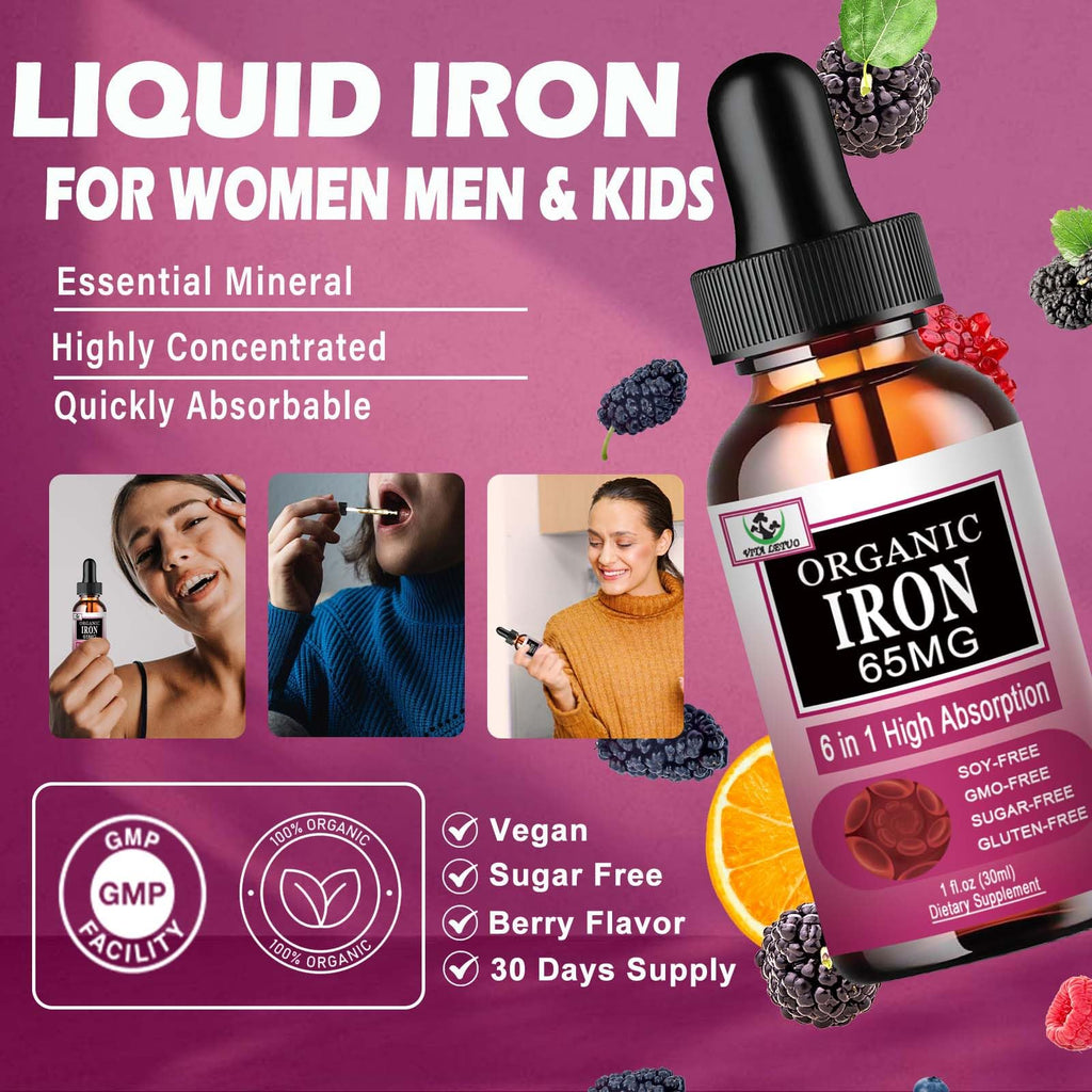 Vita letuo Iron Supplement for Women with Vitamin C,6-in-1 Liquid Supplement w/Vitamin B12,Vitamin B6,High Absorption Liquid Iron Drops for Red Blood Cells