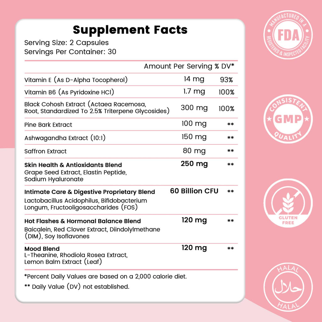 LeCozz Menopause Supplement for Women : Hormone-Free Probiotic with Black Cohosh & Ashwagandha Support for Hot Flashes Mood Balance & Skin Health 60 Capsules LeCozz Au supplements