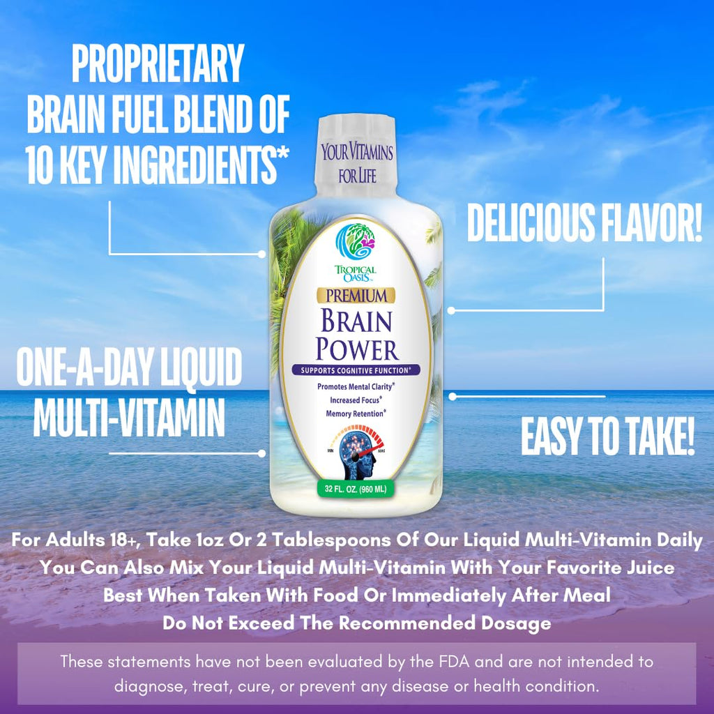 Tropical Oasis - Brain Power | Liquid Nootropic Supplement - Promotes Mental Clarity, Focus, and Memory Retention (Unflavored, 32 Servings) Tropical Oasis Au supplements
