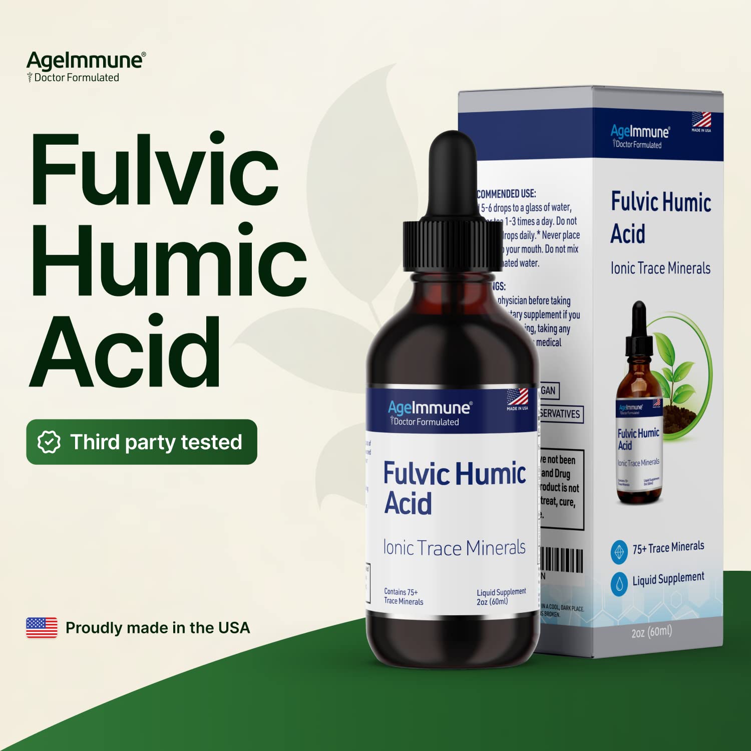 Fulvic Humic Acid 75 + Trace Minerals Liquid Supplement - Plant Derived in USA - Fulvic Acid Minerals Concentrate for Energy, Gut Health and Hydration