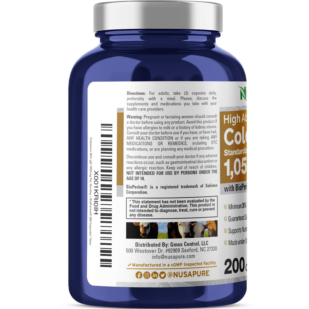 NusaPure Colostrum 1050mg 30% IgG 200 capsules (Non-GMO, Soyfree) Bioperine NusaPure Au supplements