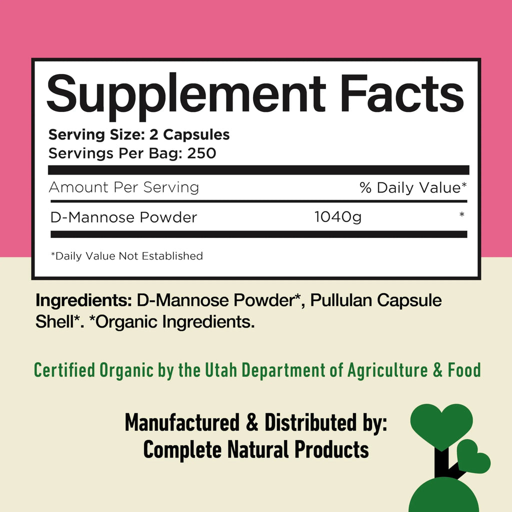 D Mannose 520mg Capsules - Organic D Mannose Supplement for UT Support, Urinary Tract Bladder Health Pills, Plant Based Formula, Vegan Non GMO, No Fillers, 500 Capsule Count Made USA Certified Kosher Complete Natural Products Au supplements