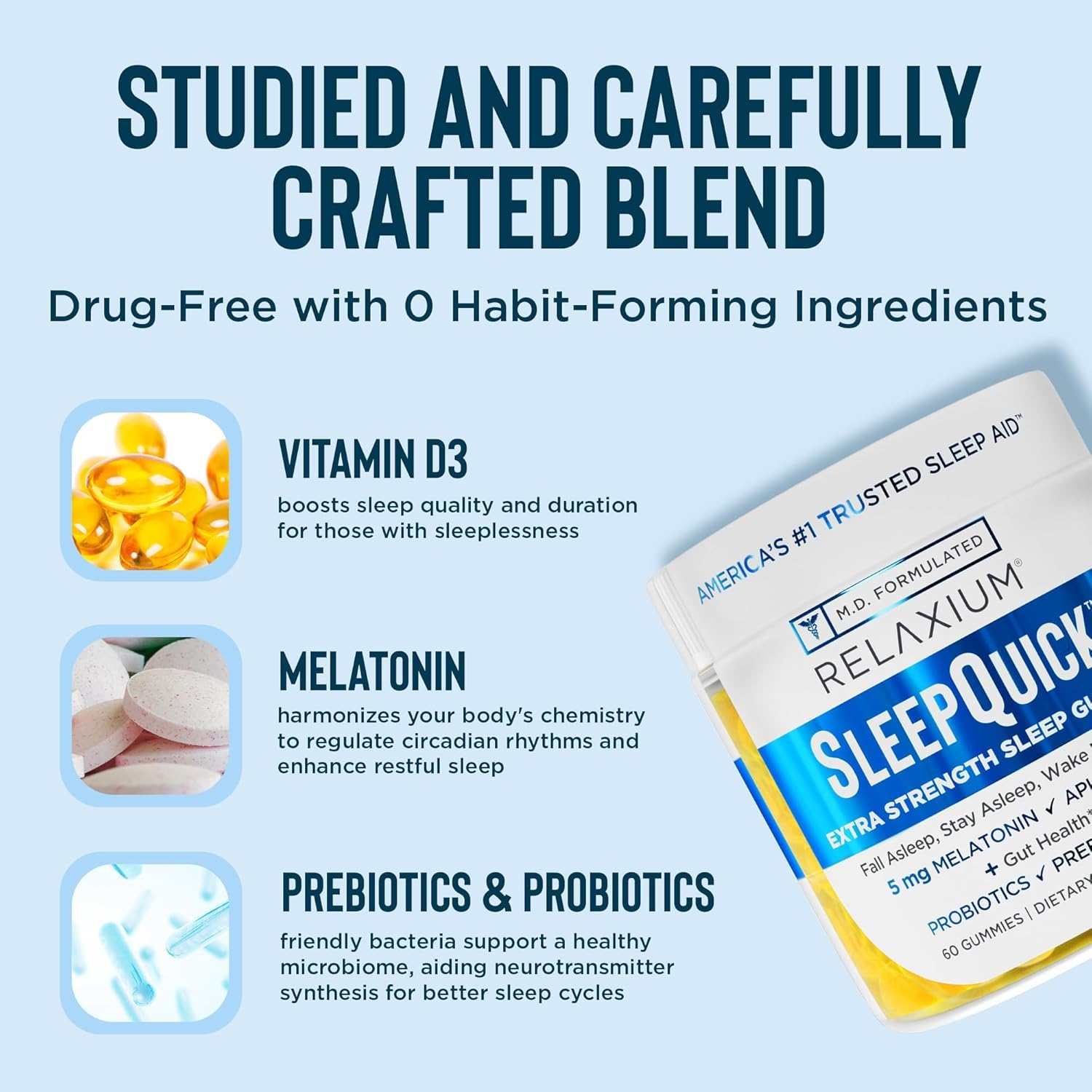 Relaxium SleepQuick Gummies - Sleep Aid + Gut Health & Immune Support, 5 mg Melatonin, Vitamin D-3 + Prebiotic & Probiotic Blend