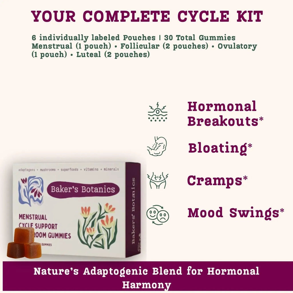 Period ovulatory & PMS Support Supplement for Women – Hormone Balance + 4-Phase Menstrual Cycle Kit | Vegan Functional Mushroom Gummies by Baker’s Botanics (Pack of 6)(30 Gummies) Baker's Botanics Au supplements