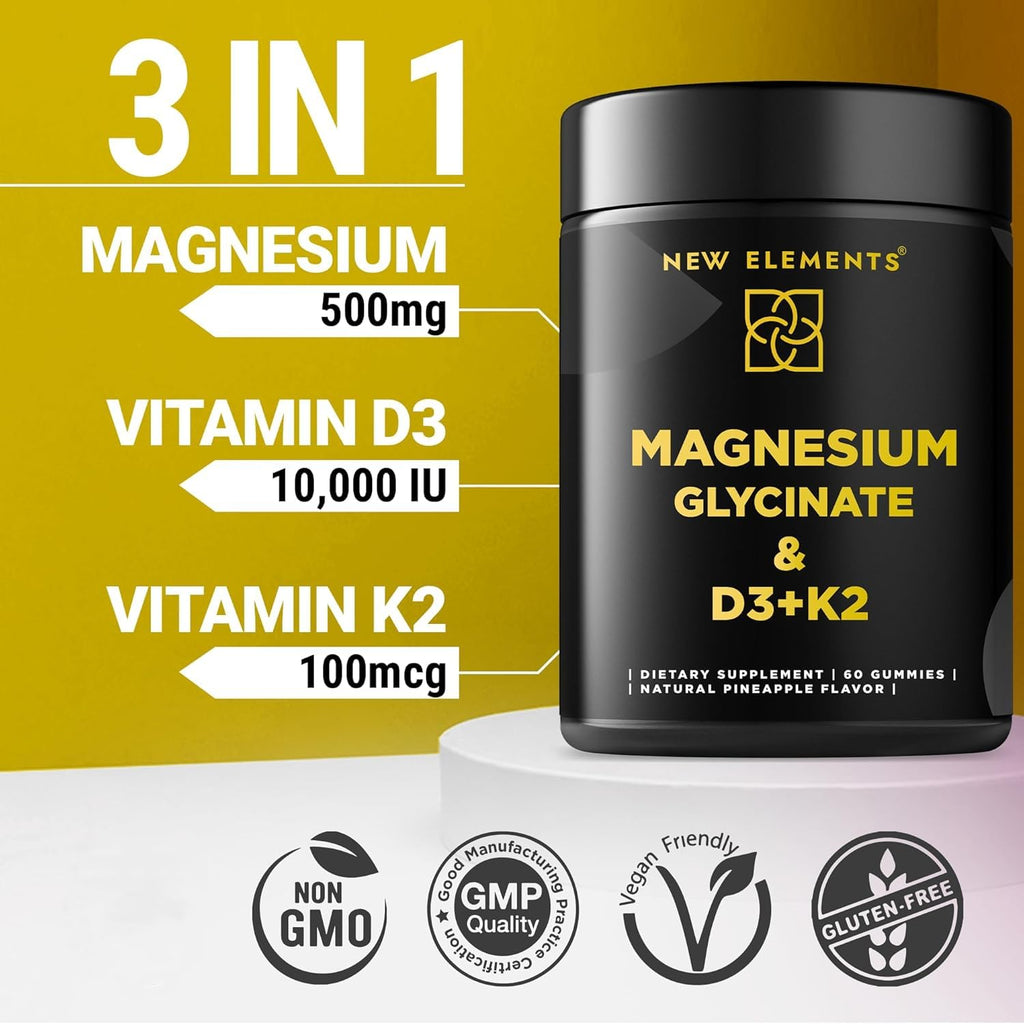 Calm Magnesium Glycinate Gummies 500mg with High-Potency Vitamin D3 10000iu & Vitamin K2 100mcg | Stress Relief, Relaxation & Bone Support for Adults