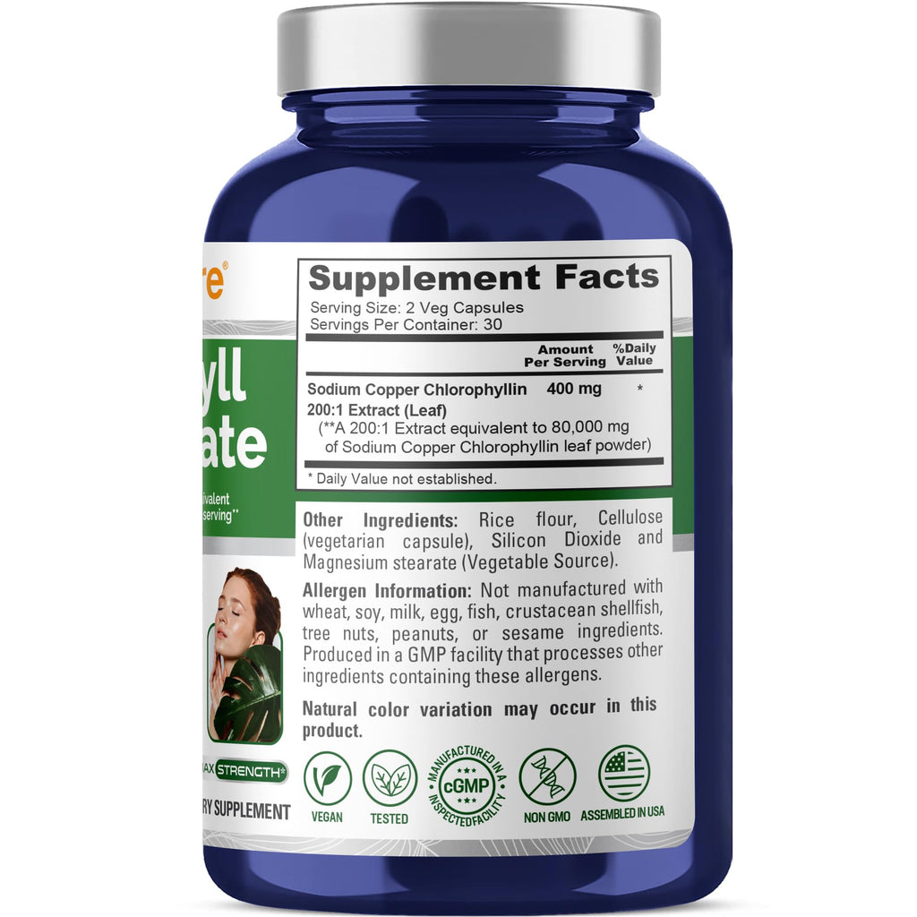 NusaPure Chlorophyll 200:1 Extract, 400 mg Equivalent to 80,000mg 60 Veggie Caps (Equivalent 80000mg per Serving, Non-GMO, Vegan) Sodium Copper Chlorophyllin NusaPure Au supplements