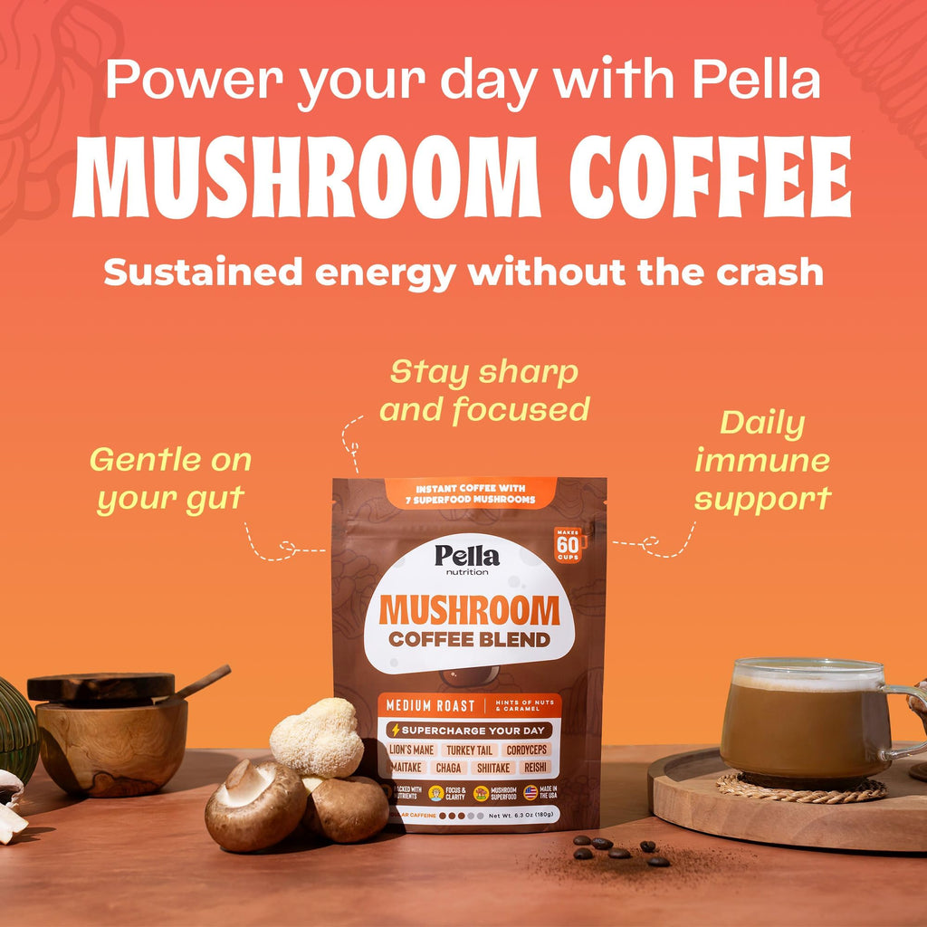 Pella Nutrition Mushroom Coffee – Lions Mane, Reishi, Chaga, Cordyceps, Shiitake, Maitake, and Turkey Tail Mushroom Supplement – Superfood Instant