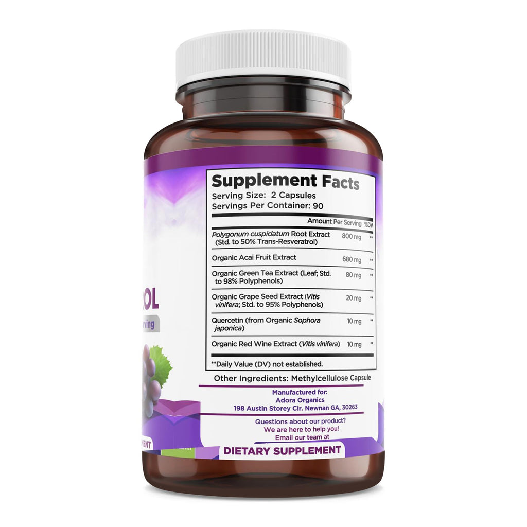 Resveratrol 1600mg - 180 Capsules | Trans-Resveratrol Antioxidant Supplement with Natural Green Tea, Grape Seed Polyphenols & Quercetin, Supports Digestive