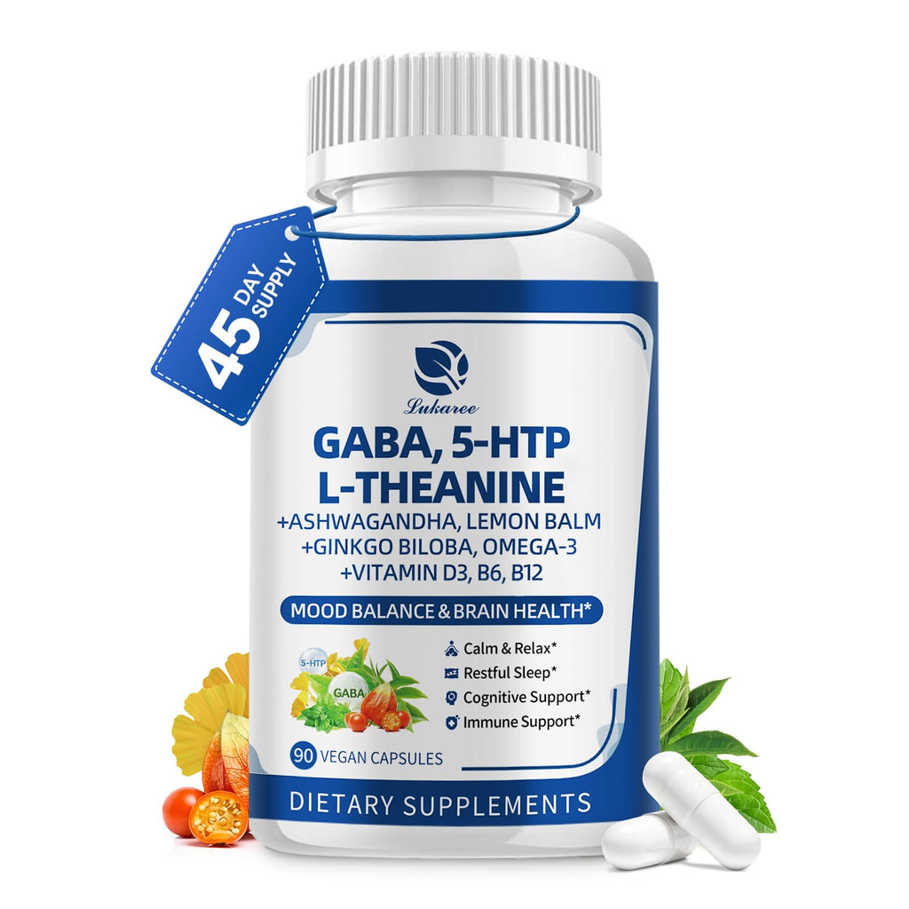 GABA Supplements 750mg with L Theanine, 5HTP, Ashwagandha, Lemon Balm, Ginkgo Biloba, Omega-3, 10 in 1 GABA Calm Capsules for Sleep, Relaxation, Focus, Mood Support, Cortisol Balance - 90CT Lukaree Au supplements