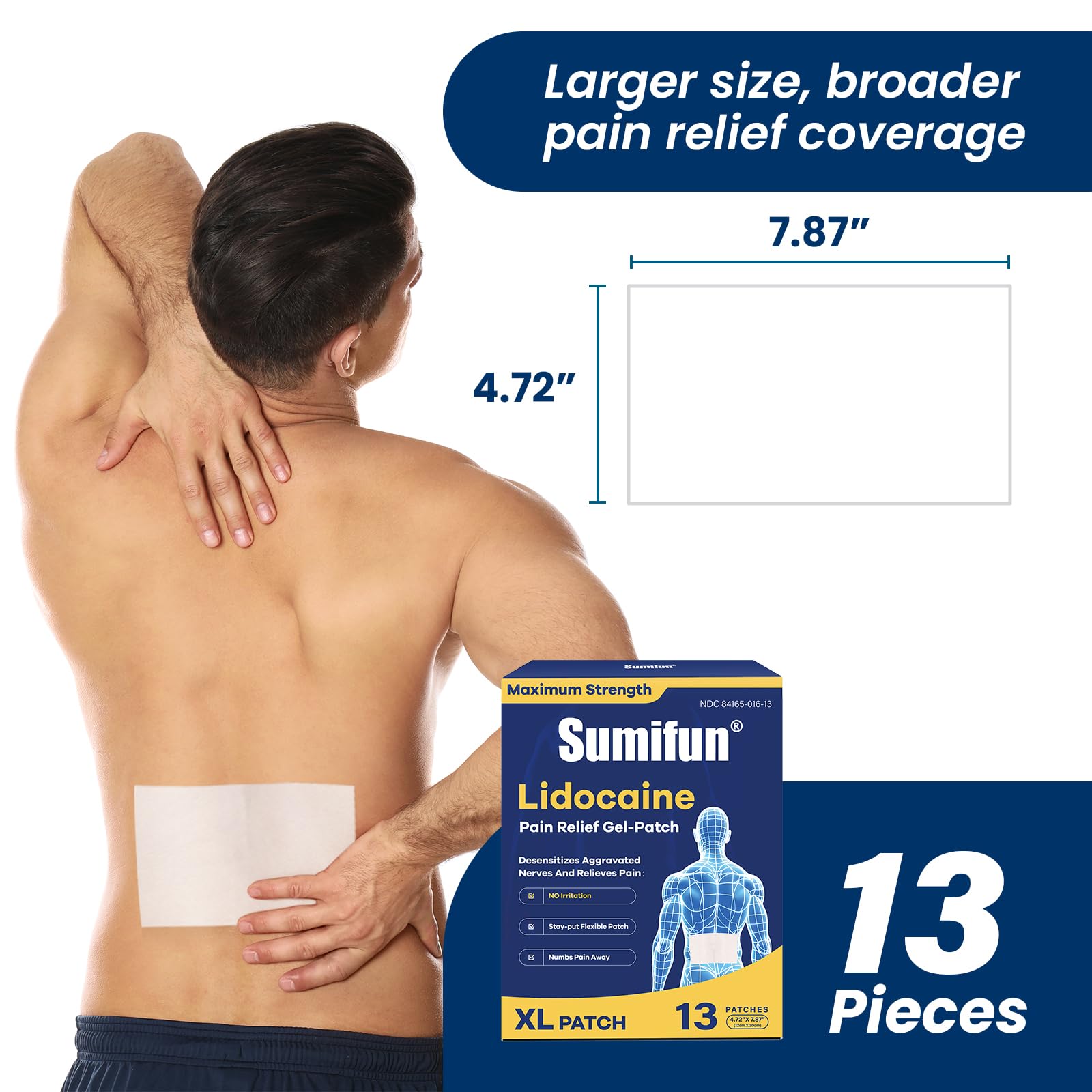 Sumifun XL Lidocaine Patches for Pain Relief, 4% Lidocaine Maximum Strength OTC, Extra Large 4.72"x7.87" for Full Back Pain Patches & Large Areas (Extra Large, Count, 13) Sumifun Au supplements