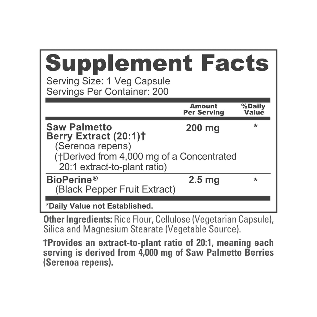 NusaPure Saw Palmetto 20:1 Extract, 200 mg Equivalent to 4,000 mg per Veggie Caps 200 Count Non-GMO, Vegan, Vegetarian, Bioperine NusaPure Au supplements