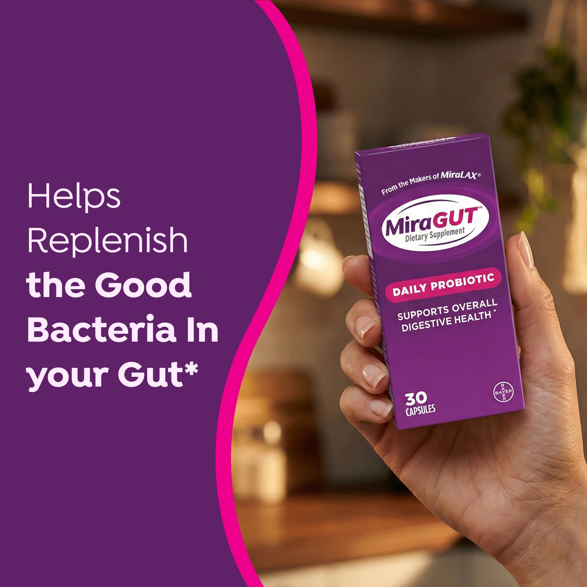MiraGUT Daily Probiotic, from the Makers of MiraLAX, Probiotics for Digestive Health, Gluten-Free Supplement, Probiotic for Women and Men