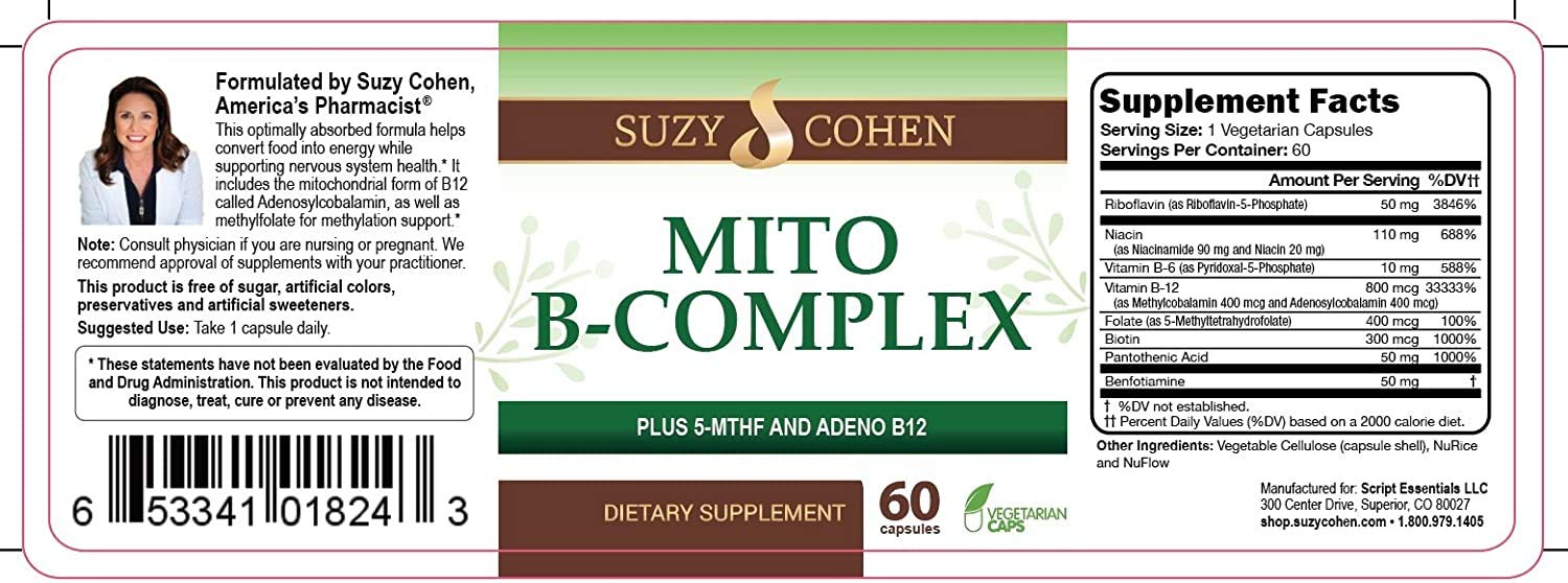 Script Essentials Suzy Cohen, Mito B Complex Dietary Supplement, 5-MTHF, Adeno B12, Methylation Support, Supports Healthy Nervous System