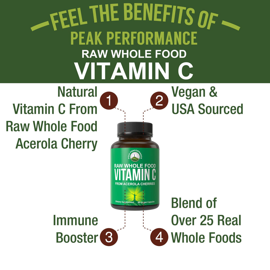 Peak Performance Raw Whole Food Natural Vitamin C Capsules from Acerola Cherry for Max Absorption. Vegan USA Sourced Vitamin C Supplement 90 Pills. 500 mg Serving or 2 Servings 1000mg Peak Performance Au supplements