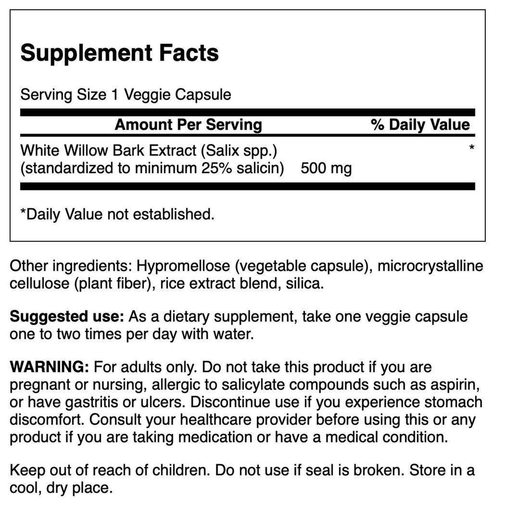 Swanson Maximum Strength White Willow Bark Extract-Promotes Joint Support & Muscle Relief-Standardized to 25% Salicin-Natural Supplement with No Stomach Irritation (60 Veggie Caps, 500mg Each) Swanson Au supplements