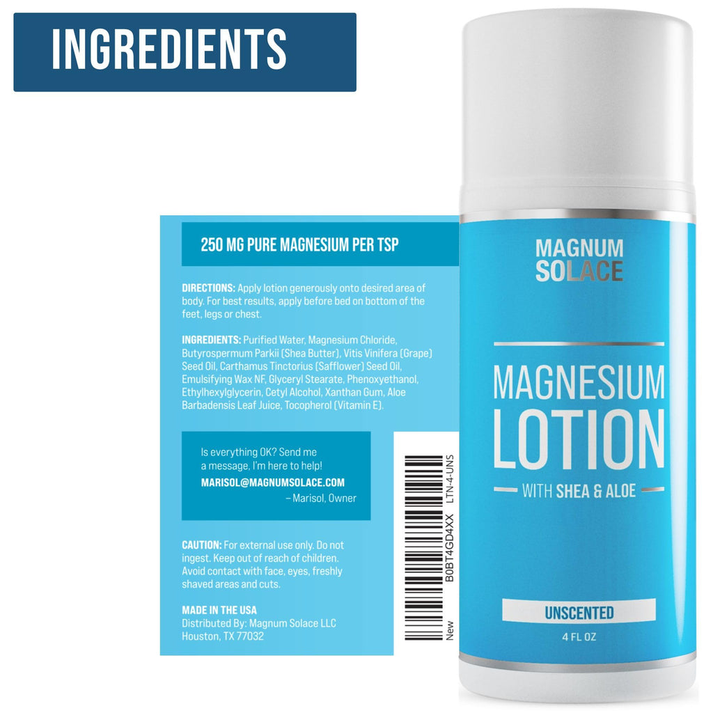 Magnesium Lotion – Super Concentrated – Made with Aloe and Shea – For Leg Cramps, Sore Muscles & Joints, Rejuvenation – Safe for Kids, Made in the USA (Unscented) Magnum Solace Au supplements