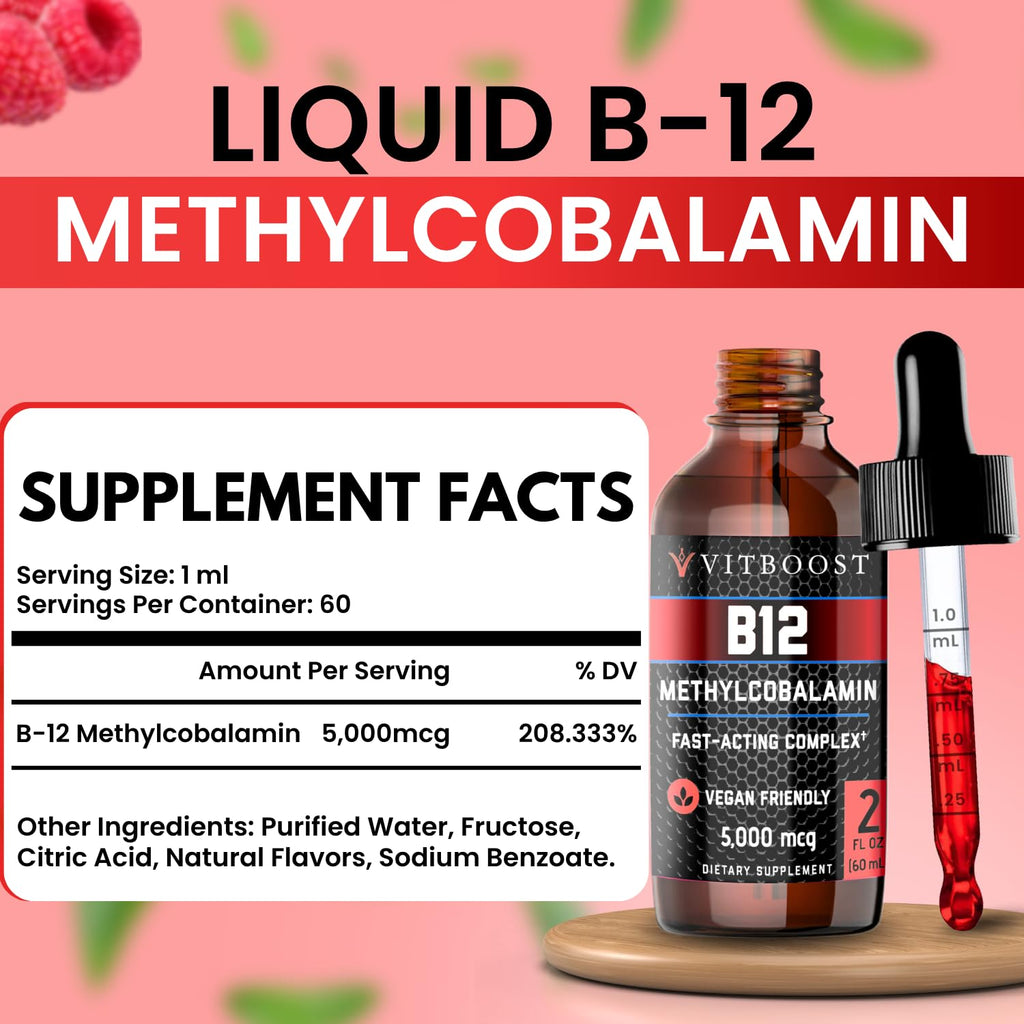 VITBOOST Vegan Liquid B-12 Drops – 60 x 5000 mcg Extra Strength Raspberry Flavored Vitamin B12 Liquid Methylcobalamin sublingual Supplement | Designed to Maximize Absorption