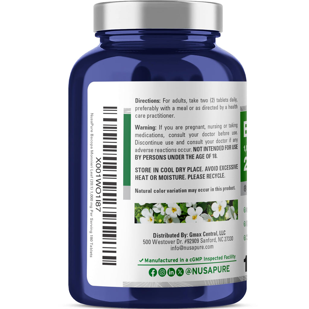 NusaPure Bacopa Leaf Monnieri Extract 20,000 mg 180 Tablets (Extract 20:1, Non-GMO, Gluten Free & Vegan) NusaPure Au supplements