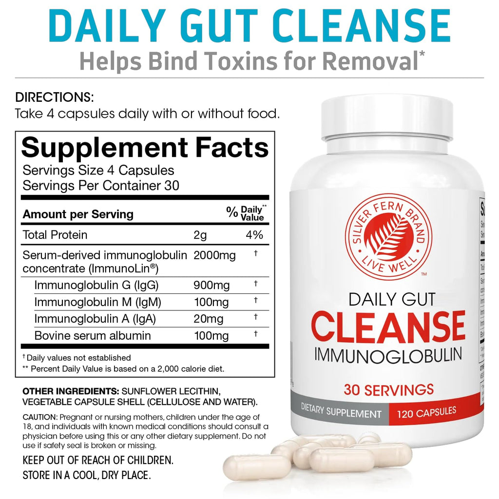 Silver Fern Cleanse - Daily Gut - 1 Bottle - 120 Capsules - 30 Day Supply - Immunoglobulin G, A & M -(IgG, IGA, IgM) - Postbiotic Silver Fern Au supplements