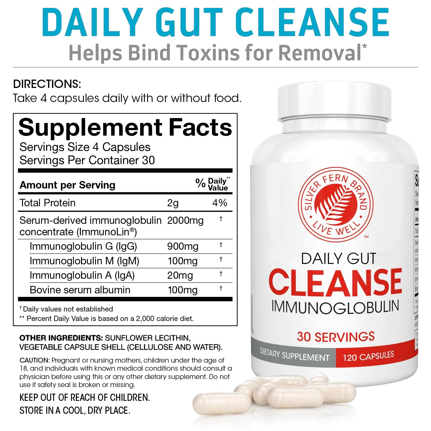 Silver Fern Cleanse - Daily Gut - 1 Bottle - 120 Capsules - 30 Day Supply - Immunoglobulin G, A & M -(IgG, IGA, IgM) - Postbiotic Silver Fern Au supplements