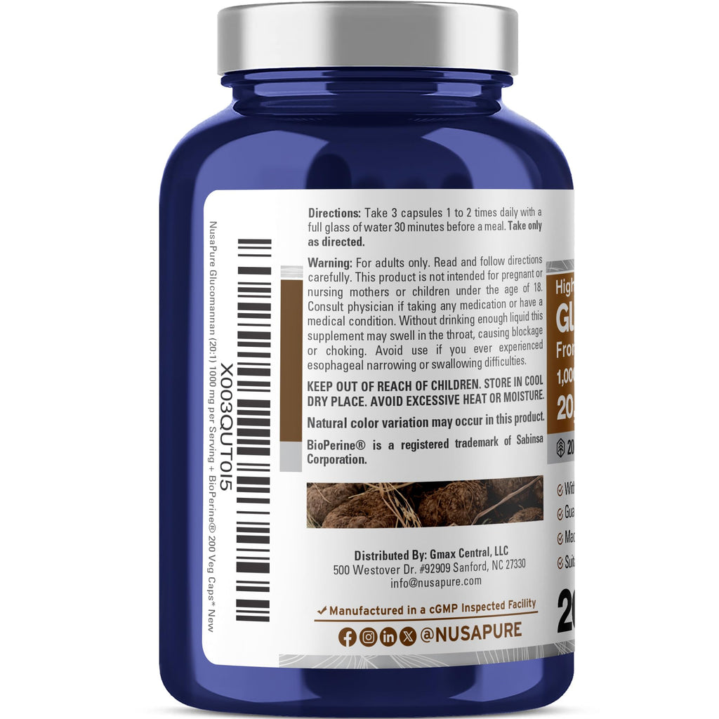 NusaPure Glucomannan 20,000 mg per Serving 200 VCaps (20:1 Extract, BioPerine Non-GMO, Vegan) Konjac Root NusaPure Au supplements