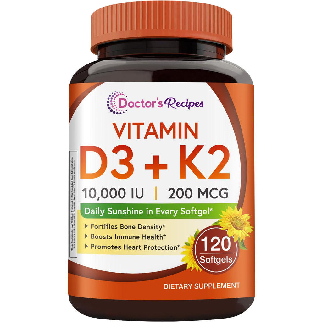 Doctor's Recipes Vitamin D3 K2, 10,000 IU, 200 mcg, MK-7, Strong Bone Density, Teeth, Immune, Heart Support, Energy, Calcium Absorption,