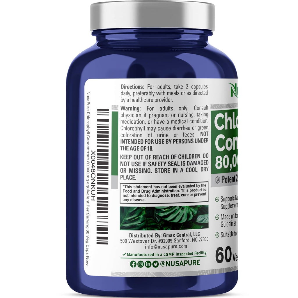NusaPure Chlorophyll 200:1 Extract, 400 mg Equivalent to 80,000mg 60 Veggie Caps (Equivalent 80000mg per Serving, Non-GMO, Vegan) Sodium Copper Chlorophyllin NusaPure Au supplements
