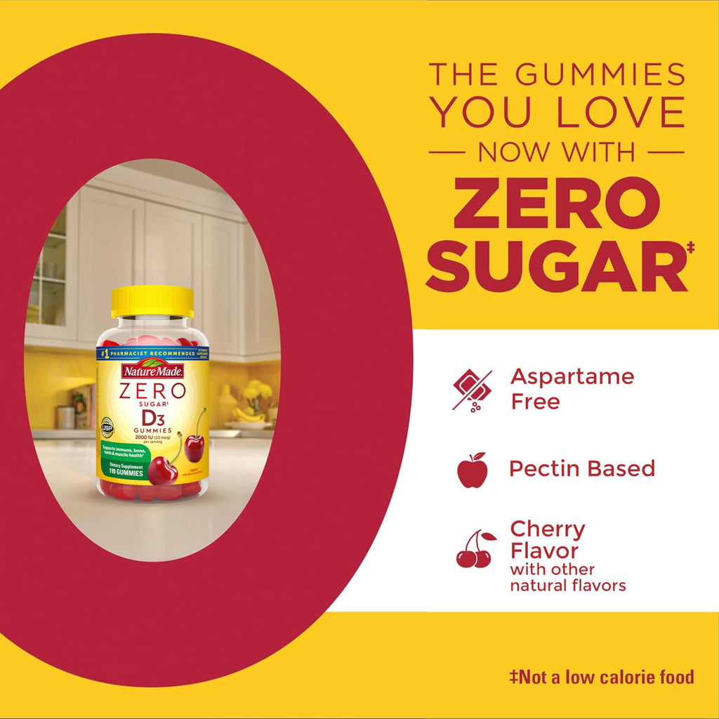 Nature Made Zero Sugar Vitamin D3 Gummies 2000 IU (50 mcg) Per Serving, Bone & Immune Support, Aspartame Free