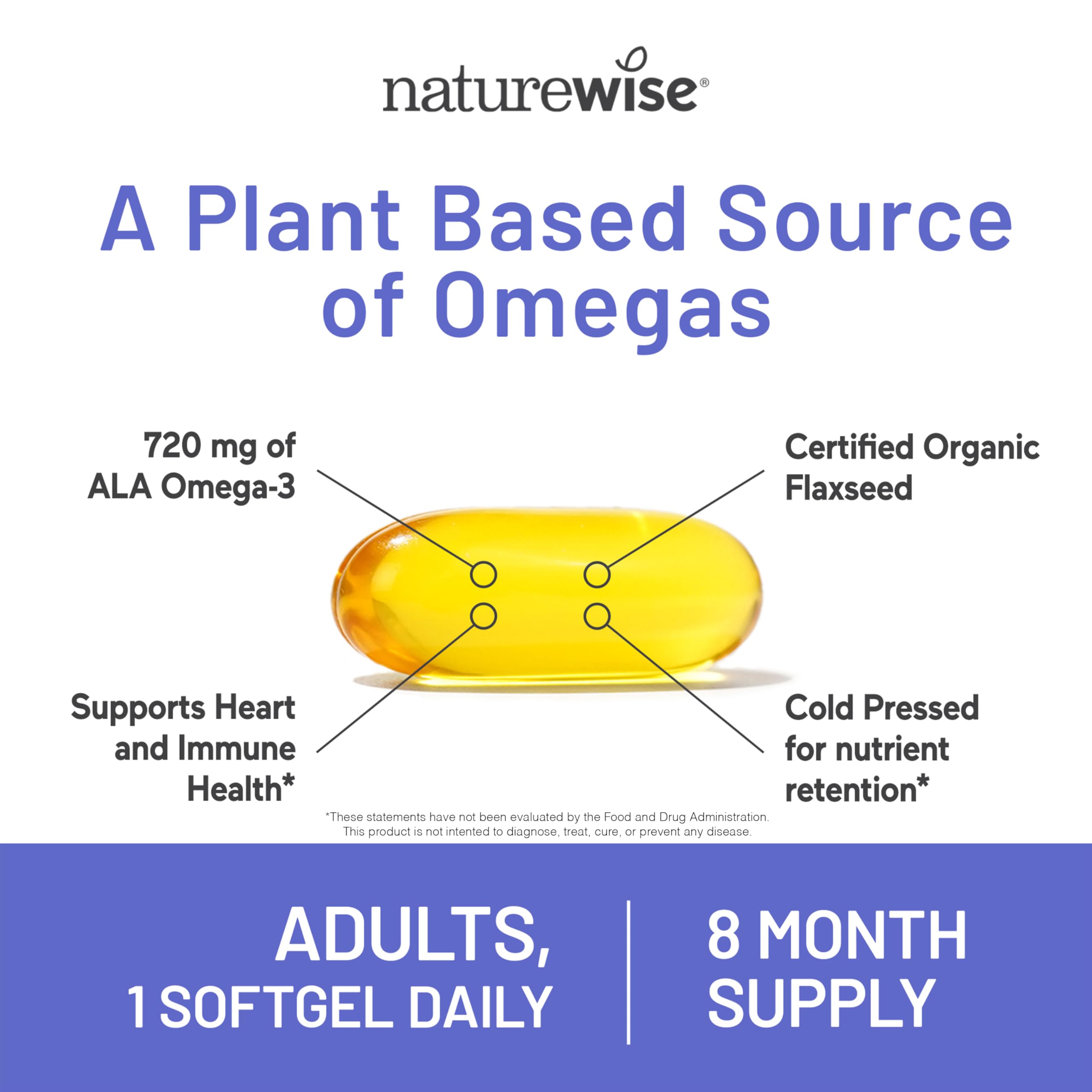 NatureWise Flaxseed Oil 1,242 mg, Fish Free Omega 3 6 9 with 720mg ALA, Dietary Supplement for Heart Health Support - Organic, Cold Pressed,