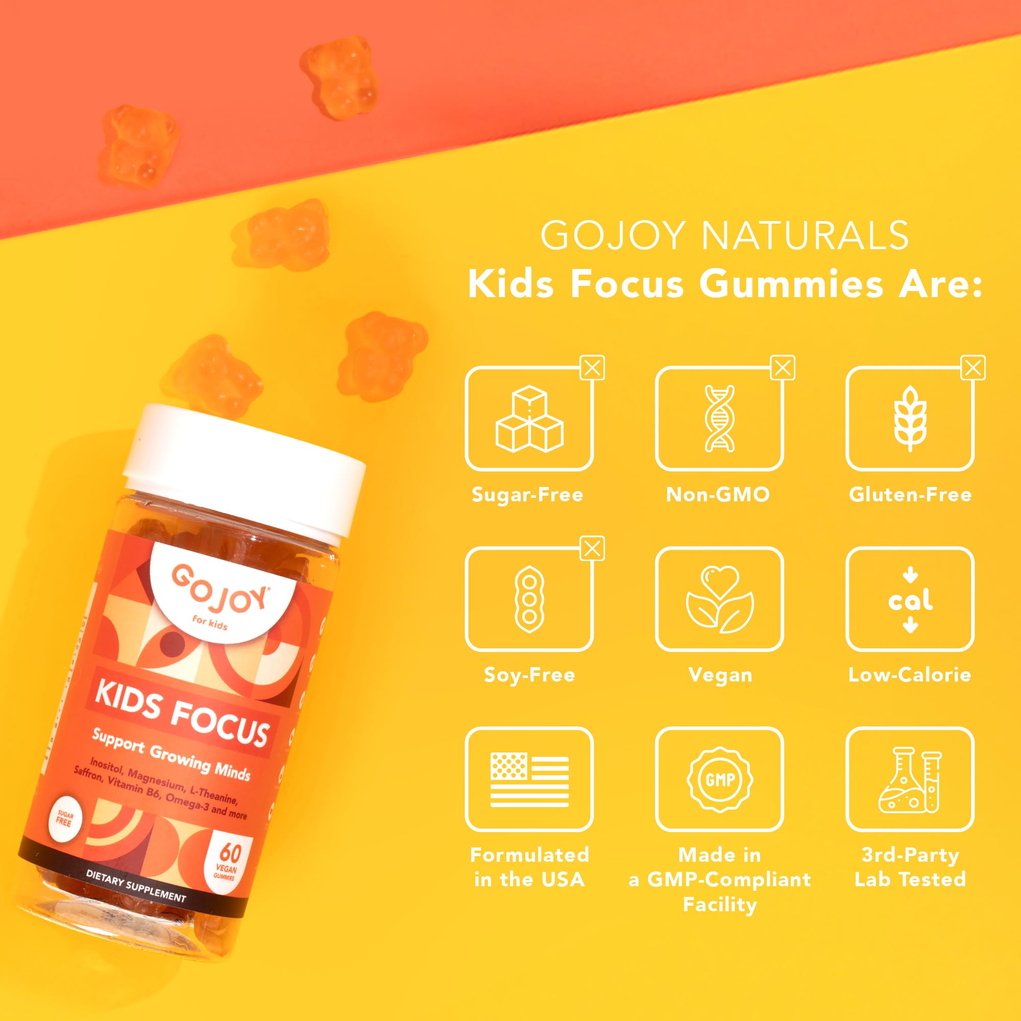 GOJOY NATURALS Kids Focus Gummies – Saffron, Magnesium Glycinate, L-Theanine & Inositol Supplement for Kids & Teens – Focus
