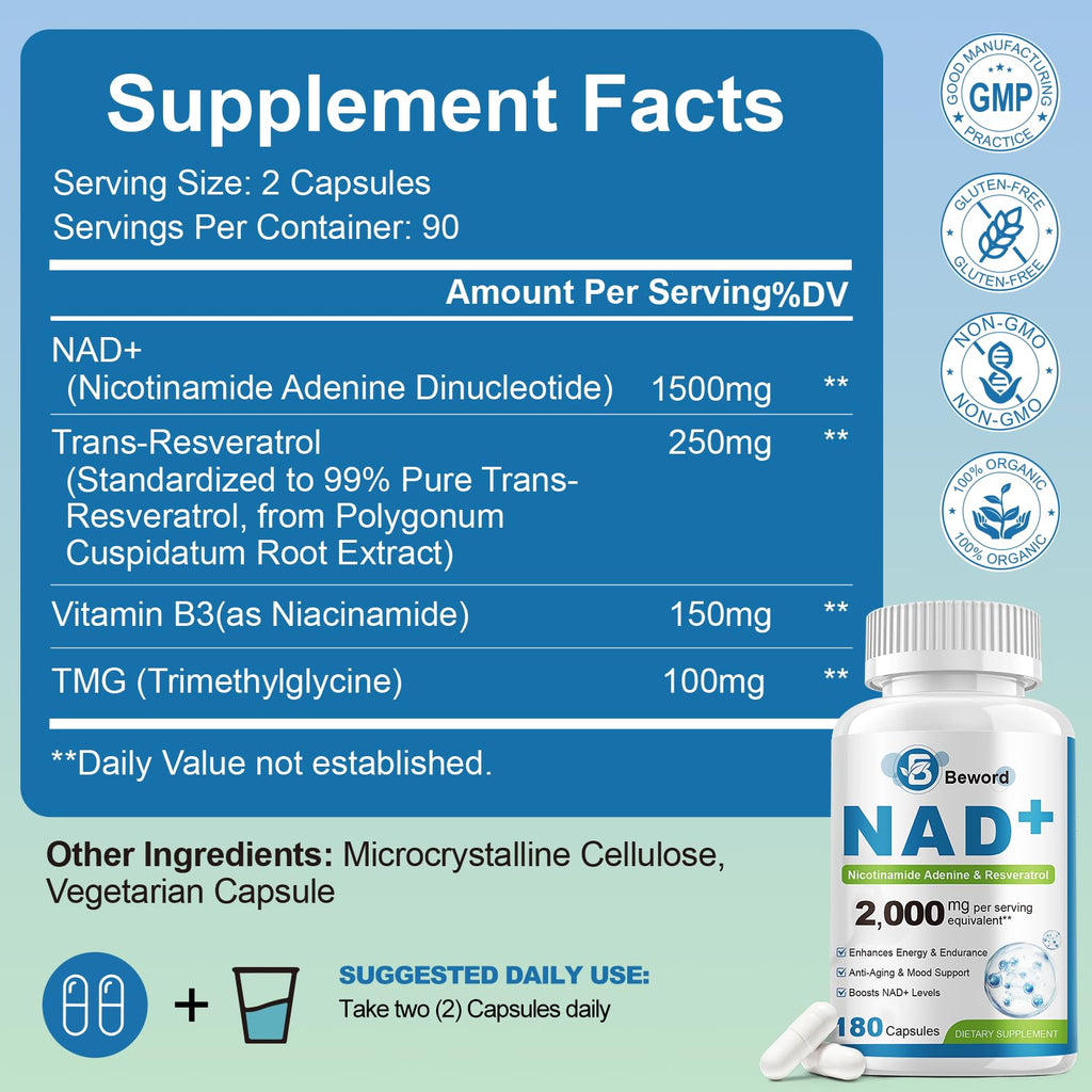 BEWORD Liposomal NAD 2000 Mg, 180 Capsules, 4-in-1 Formula with Liposomal NAD, Trans-Resveratrol, Non-GMO | Energy Support BEWORD Au supplements
