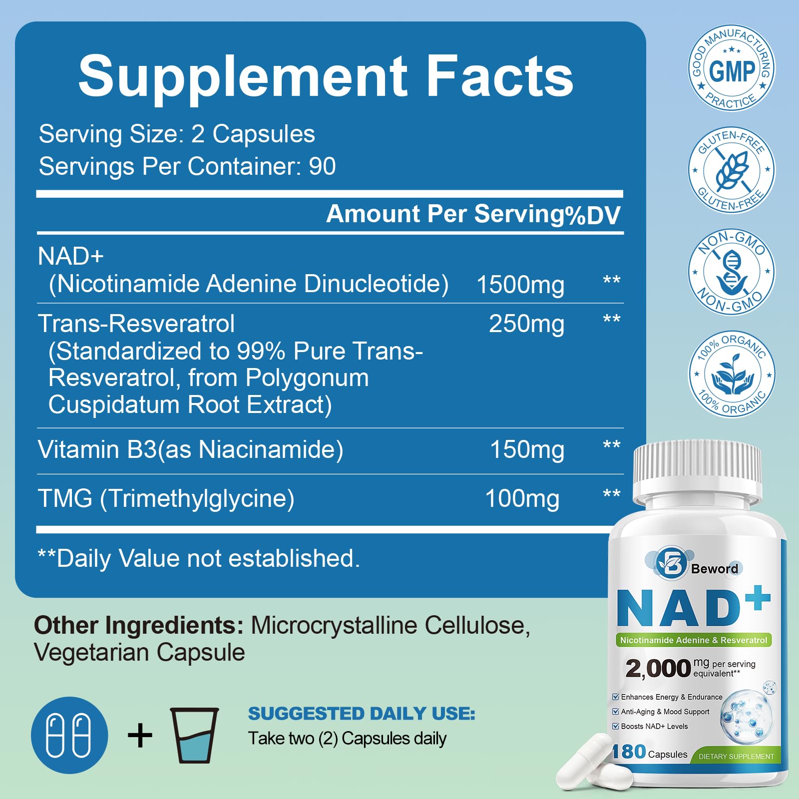 BEWORD Liposomal NAD 2000 Mg, 180 Capsules, 4-in-1 Formula with Liposomal NAD, Trans-Resveratrol, Non-GMO | Energy Support BEWORD Au supplements