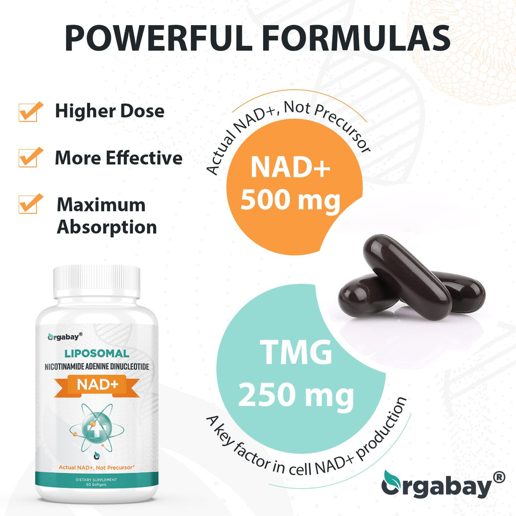 Orgabay Liposomal NAD+ Supplement 500 mg, High Absorption, Boost NAD+ with TMG 250 mg, Actual NAD Plus More Efficient Than Nicotinamide Riboside, Support Cellular Energy, Healthy Aging | 60 Softgels Orgabay Au supplements