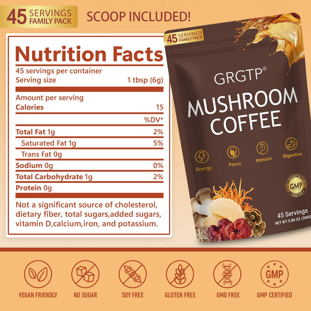 GRGTP Mushroom Coffee - Superfood Blend with 6 Adaptogens (Cordyceps, Lion's Mane, Reishi Other) | Jitter-Free Energy, Enhanced Focus, Digestion & Immunity Support |