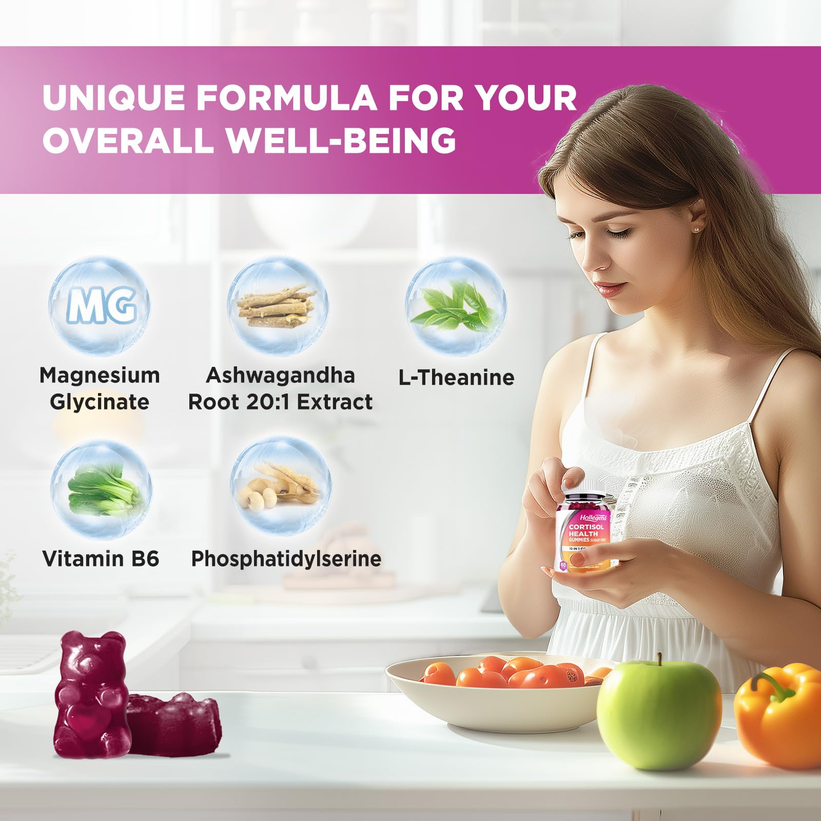 HOLLEGEND Cortisol Supplements for Women Men, Cortisol Gummies with Ashwagandha, Magnesium, L-Theanine, Phosphatidylserine, B6 for Cortisol Detox, Relaxation, Sleep, Focus, Sugar-Free, Vegan, 60 HOLLEGEND Au supplements
