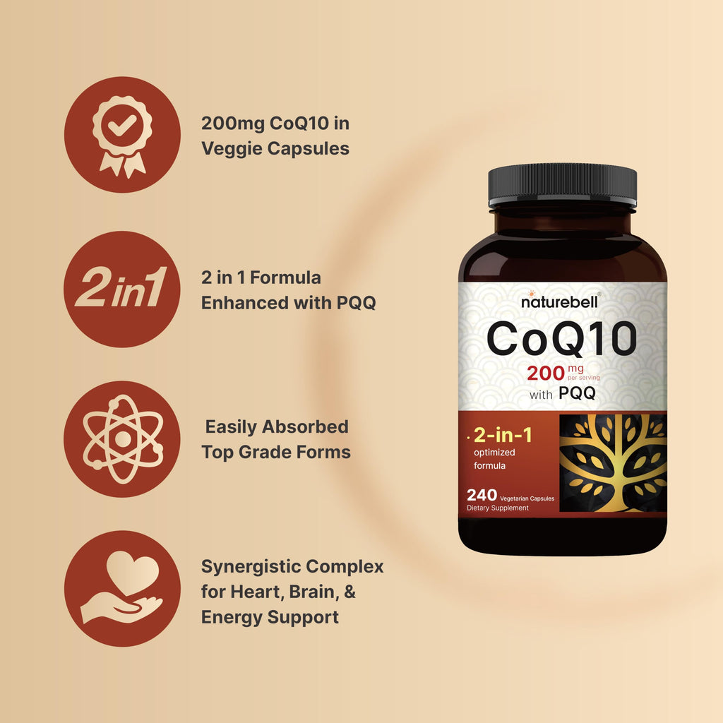 NatureBell CoQ10 200mg with PQQ, 240 Veggie Capsules | Stable High Absorption Form – Antioxidant Support for Heart, & Energy Health