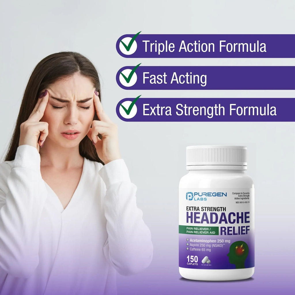 Puregen Labs Extra Strength Headache Caplets, Aspirin 250 mg (NSAID), Caffeine 65 mg, 150 Count P Puregen Labs Au supplements