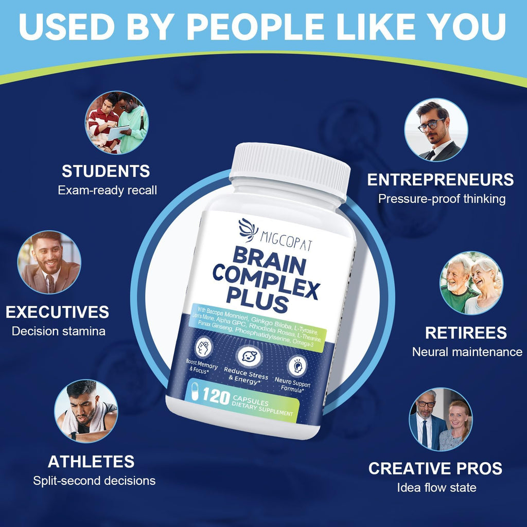 Brain Supplements for Memory and Focus | Nootropic with Bacopa Monnieri, Lion's Mane, Alpha GPC, Ginkgo Biloba | Mental Clarity & Cognitive Support | Vitamin B6 & B12 Neuro Health - Non-GMO, 120 Caps Migcopat Au supplements