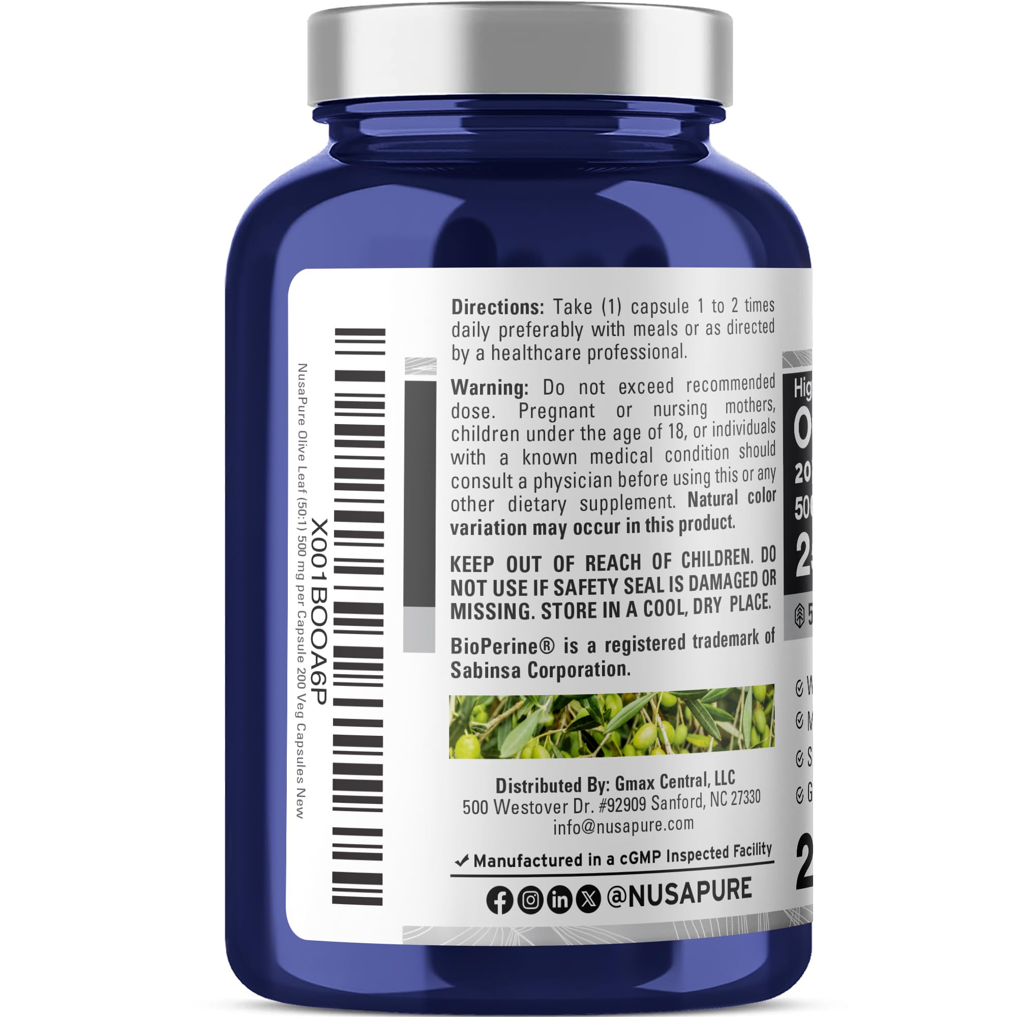 NusaPure Olive Leaf 20% Oleuropein 50:1 Extract, 500 mg Equivalent to 25,000 mg 200 Veg Caps Suitable for Vegetarians and Vegans, Non-GMO NusaPure Au supplements