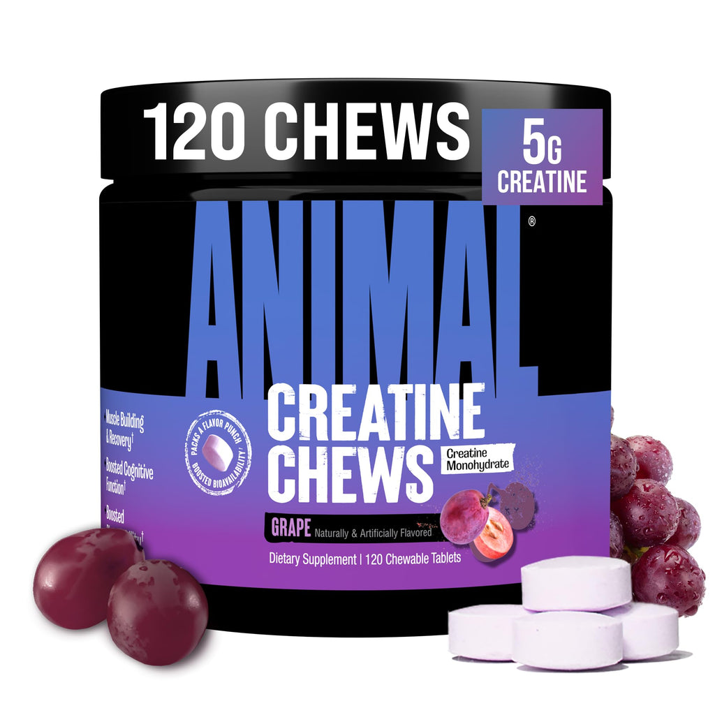 Animal Creatine Chews – 5g Creatine Monohydrate Tablets for Strength, Power & Training Recovery Support – Enhanced Absorption with AstraGin® – Convenient Chewable Format – 120 Tablets Animal Au supplements